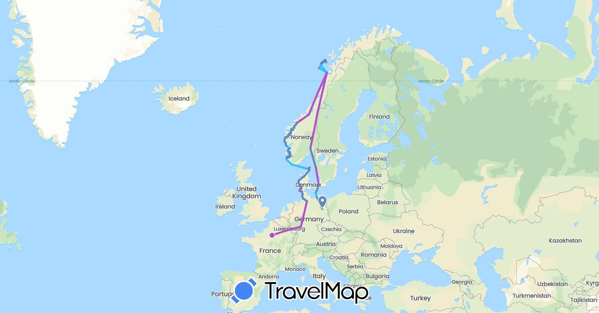 TravelMap itinerary: driving, cycling, train, hiking, boat in Germany, Denmark, France, Norway, Sweden (Europe)